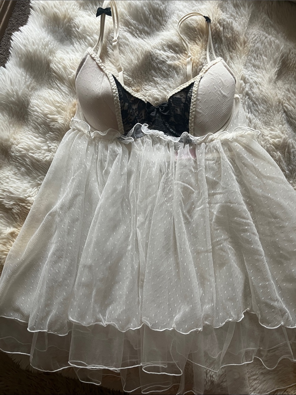 VS Ivory and Black Lace Sheer Babydoll Chemise